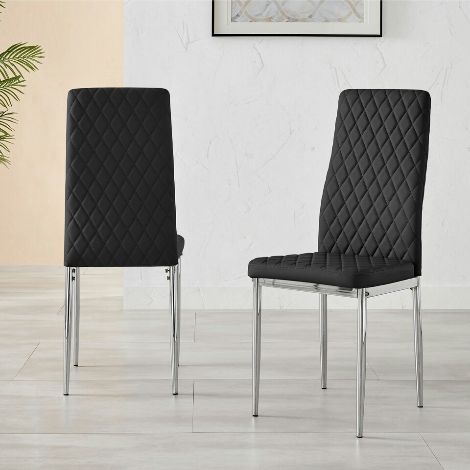 image 1 of Furniturebox 4x Milan Black Chrome Hatched Faux Leather Dining Chairs