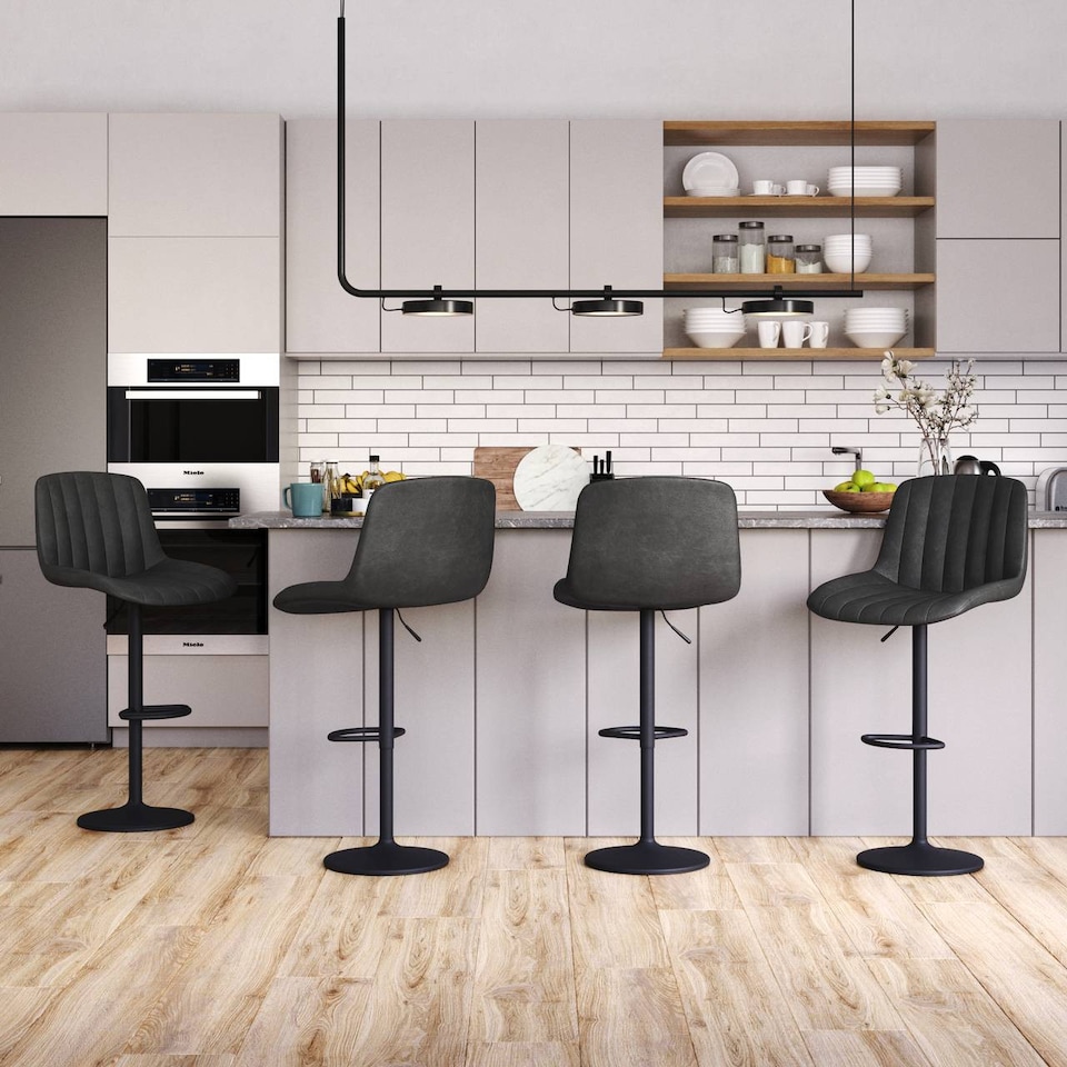 image 1 of PU Leather Bar Stool with Fluted Back Height Adjustable, 360 Swivel, Backrest & Footrest | Black | Black & Set of 4 | 4