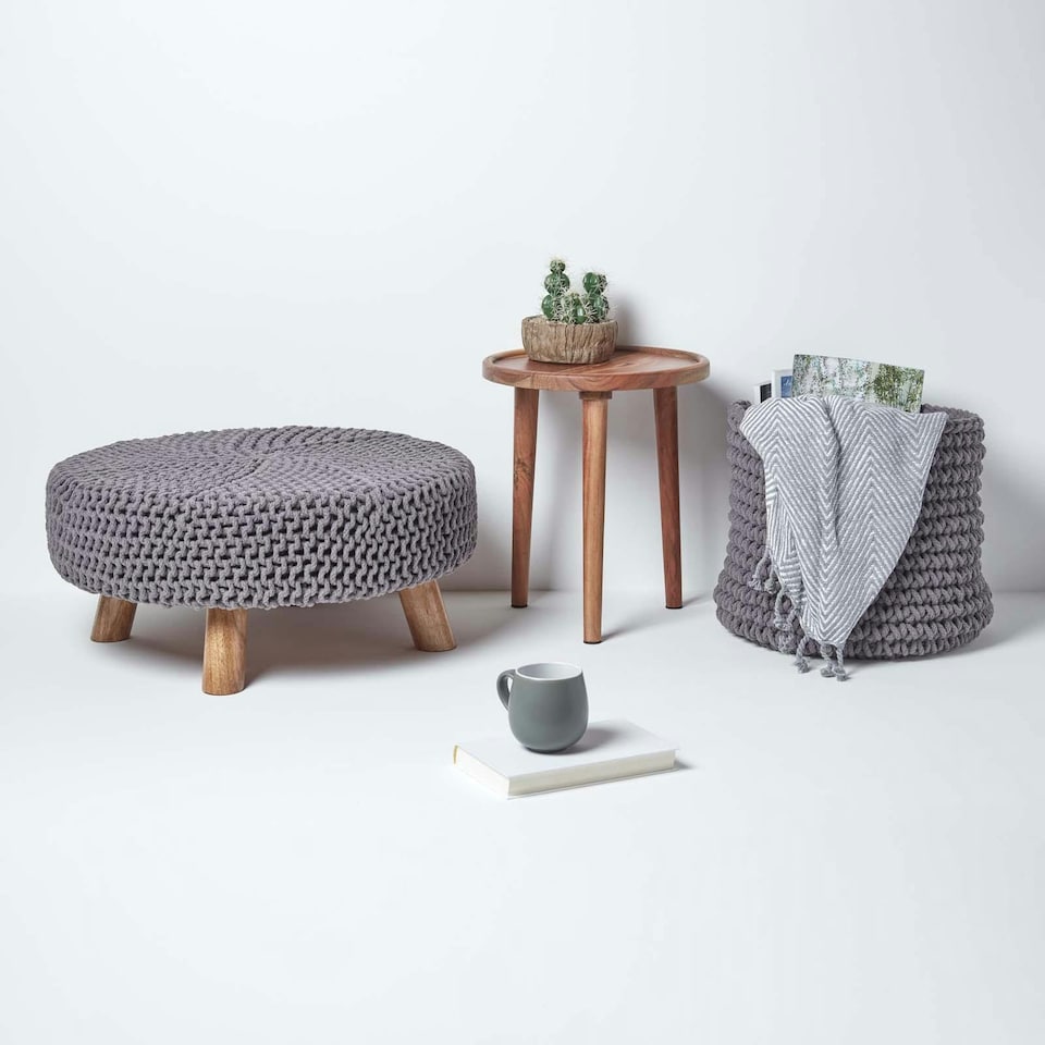 image 1 of Homescapes Sea Grey Large Round Cotton Knitted Footstool on Legs | Grey | 62 x 62 x 30 cm