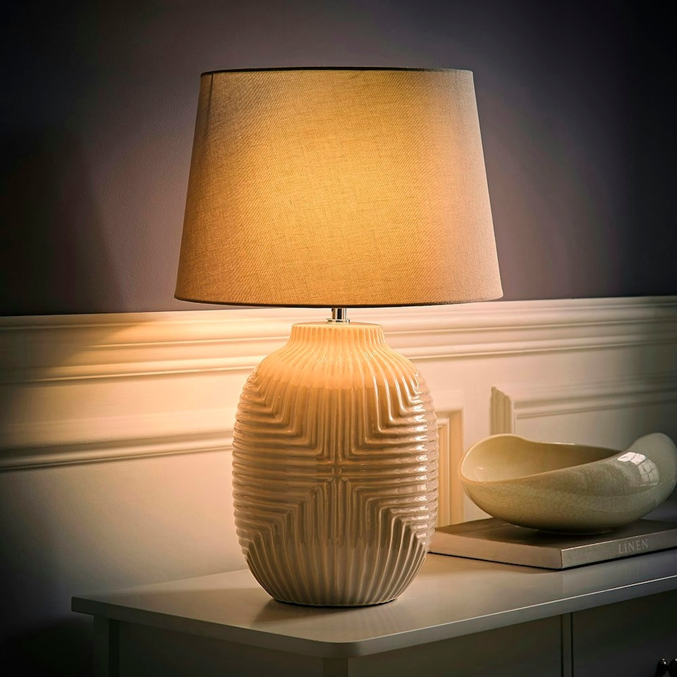 image 1 of ValueLights Harrison Tapered Lamp Shade Grey Geometric Ribbed Pattern Gloss Large Table Lamp Grey