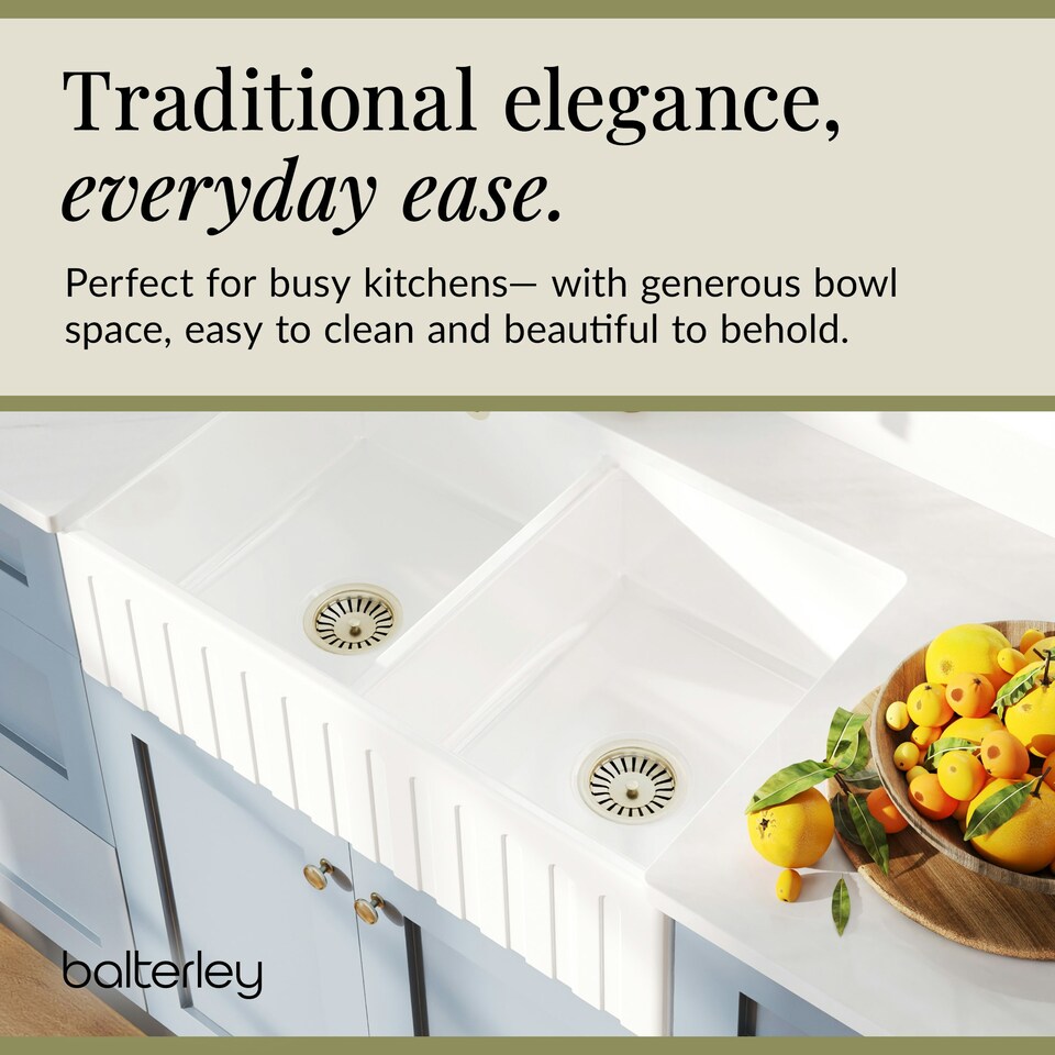 image 1 of 795mm - Fireclay Kitchen Double Bowl Fluted Front Butler Sink - Stepped Weir