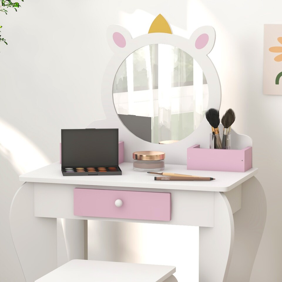 image 1 of ZONEKIZ Kids Dressing Table with Mirror and Stool, Drawer, Storage Boxes - White | White | Pink