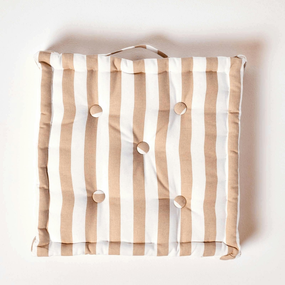 image 1 of Homescapes Cotton Beige Thick Stripe Floor Cushion - 50 x 50 cm | Cream | Beige | 50 x 50 cm