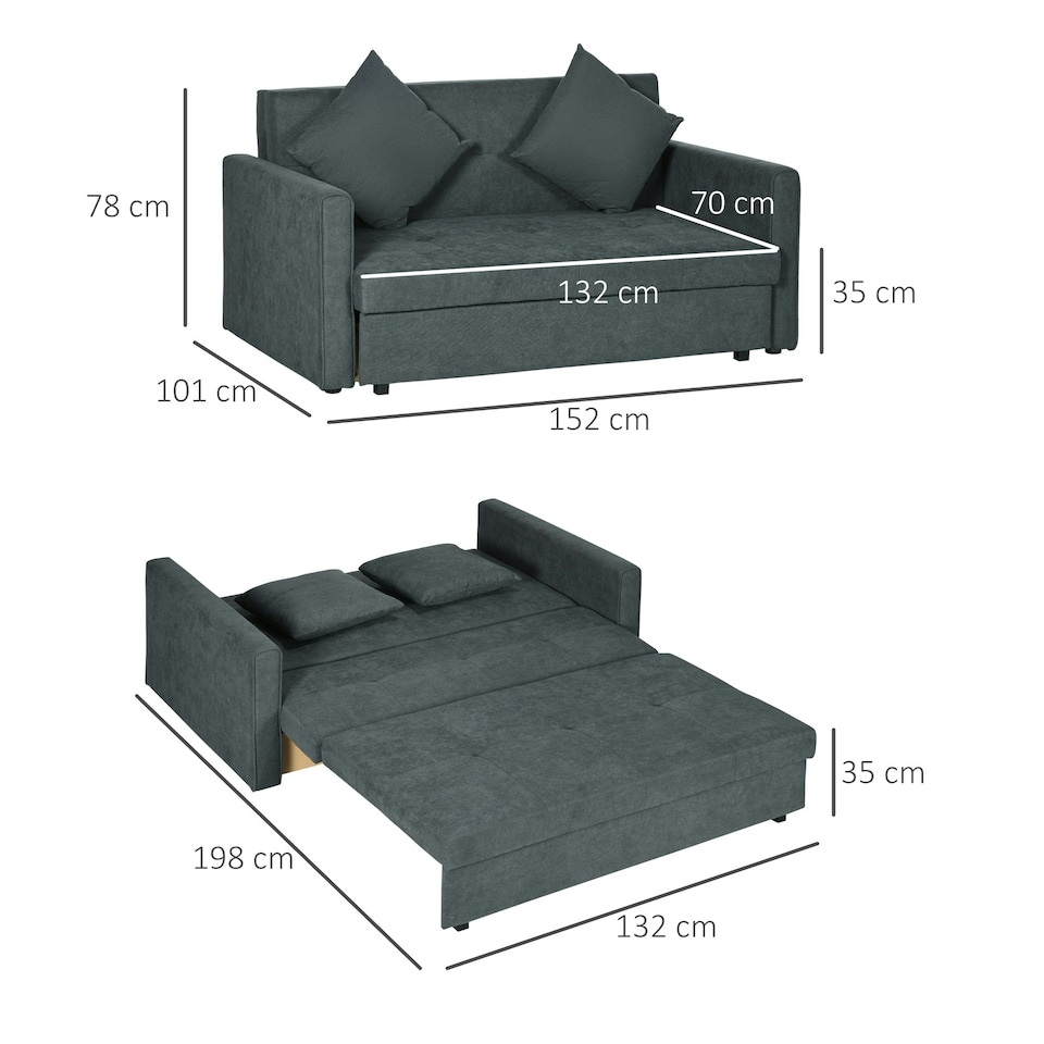 image 1 of HOMCOM 2 Seater Sofa Bed Convertible Bed Settee w/ 2 Cushions Storage Dark Grey