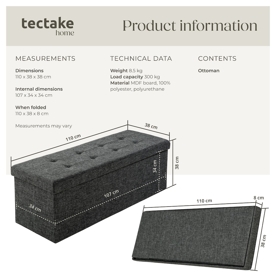 image 1 of Stool - foldable, padded, polyester, large storage space, 110 x 38 x 38 cm | Grey | dark grey | 110 x 38 x 38 cm | 1