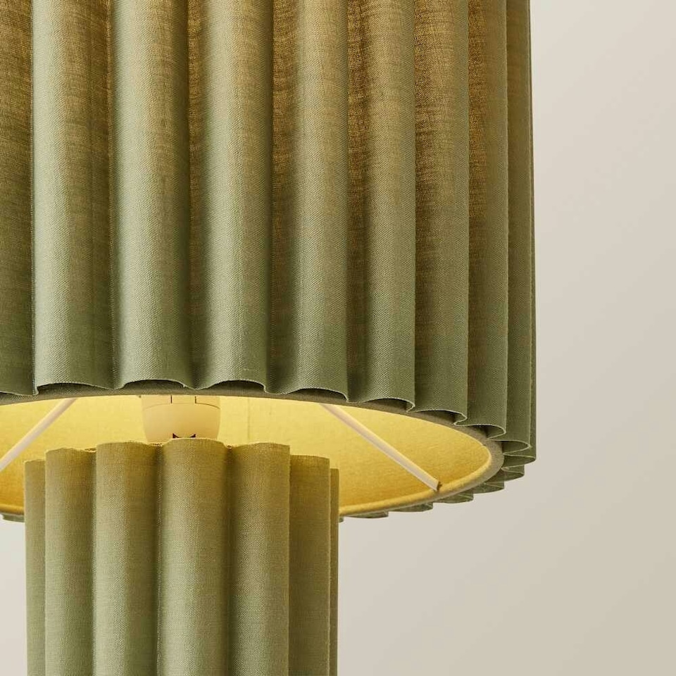 image 1 of ValueLights Lenny Moss Green Drum Lamp Shade Colour Drench Ribbed Full Fabric Table Lamp | Green