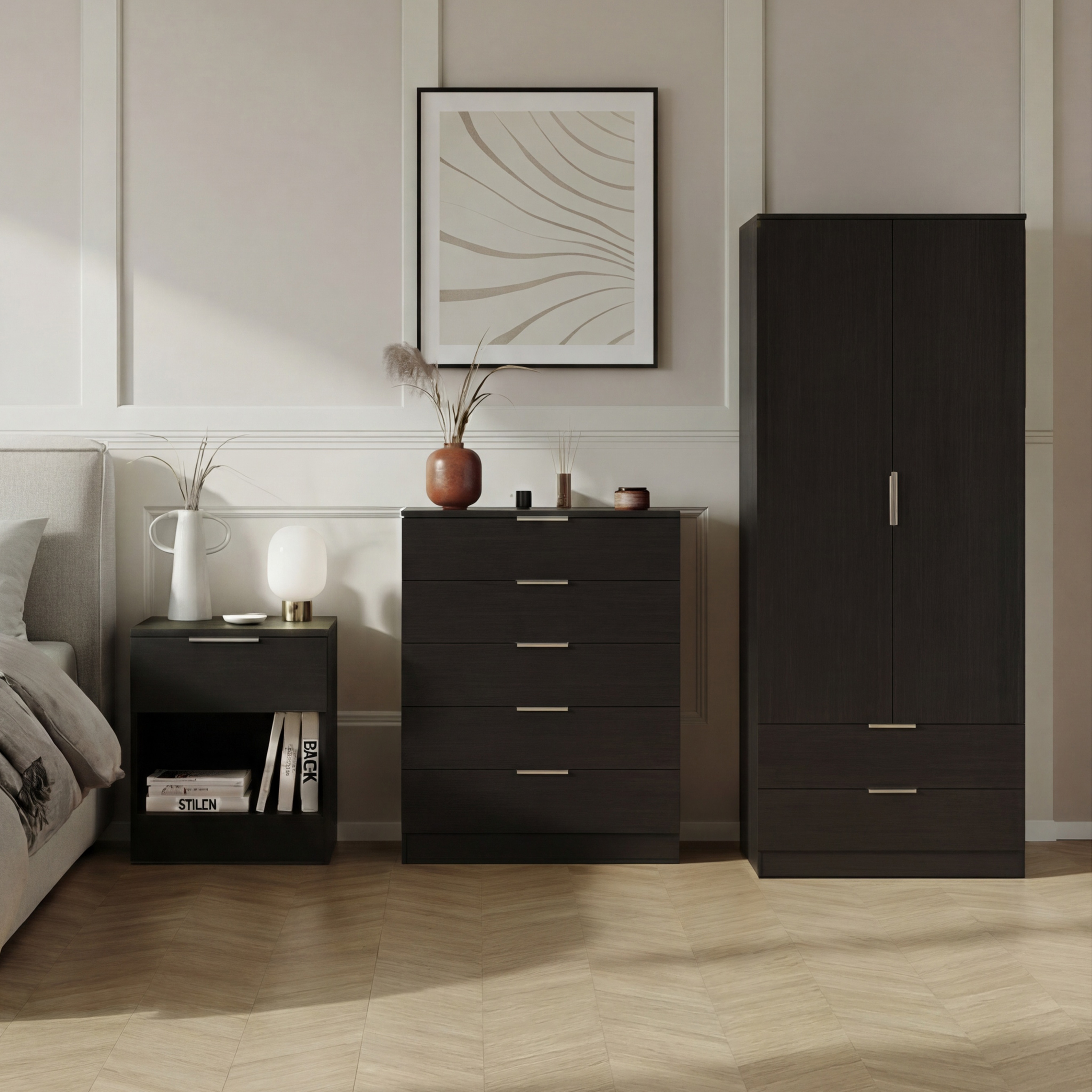 Vida Designs Trega 3 Piece Bedroom Set (1 Drawer Bedside Chest, 5 Drawer Chest, 2 Door 2 Drawer Wardrobe) Black