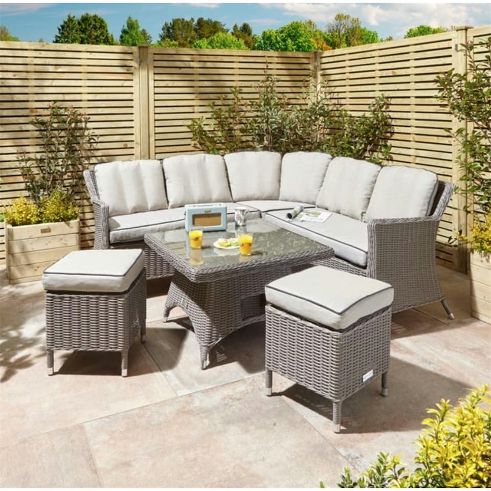image 1 of 6 Seater Natural Stone Compact Rattan Weave Corner Dining Garden Furniture Set - With Stools