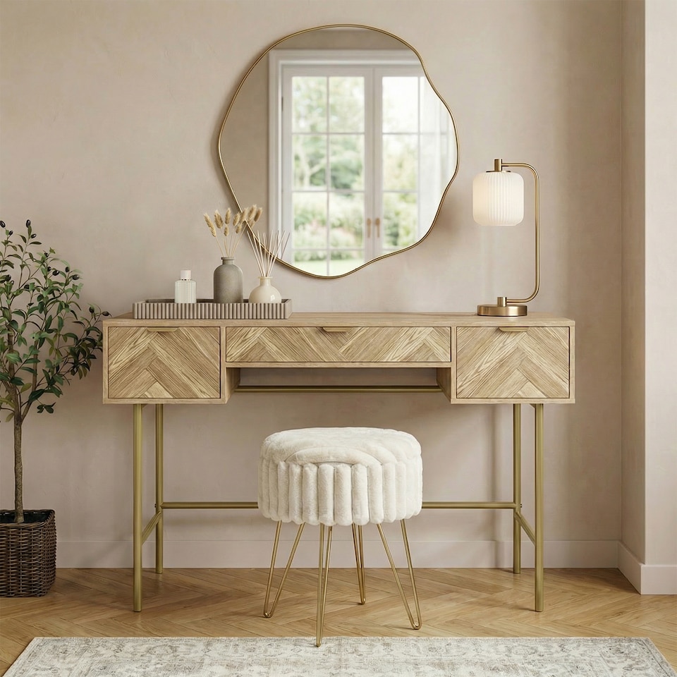 image 1 of OHS Chevron Wood Dressing Table 3 Drawer Vanity Makeup Desk