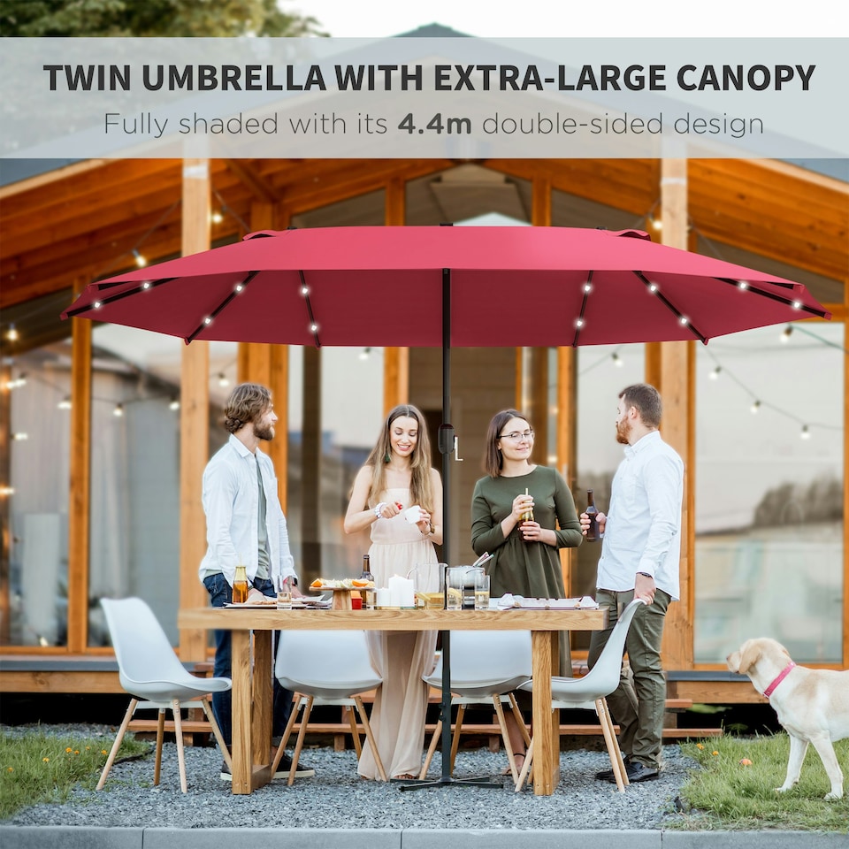 image 1 of Outsunny 4.4m Double-Sided Sun Umbrella Patio Parasol Solar Lights Khaki