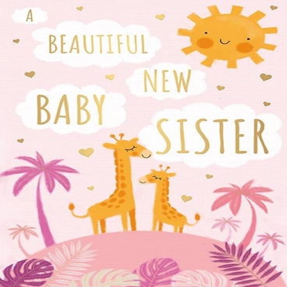 Words 'n' Wishes Beautiful New Baby Sister Birth Congratulations Card, Giraffes, Hearts and Sunshine with Foil Details, Eco-Friendly
