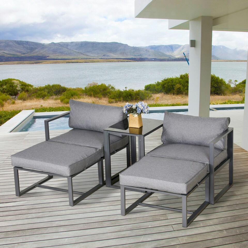image 1 of Outsunny 5 Piece Garden Conversation Set 2 Footstools End Table