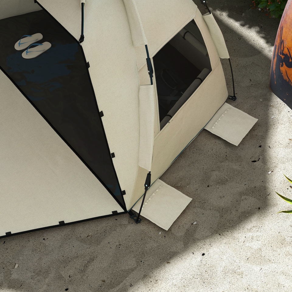 image 1 of Outsunny Pop Up Tent Beach Tent for 23 Person, Easy Set Up Sun Shelter with Extended Floor, Sandbags, Mesh Windows and Carry Bag | Brown