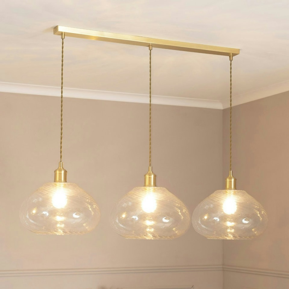 image 1 of ValueLights Corinne Twill Spiral Glass 3 Drop Brushed Gold Diner Ceiling Pendant Light Gold
