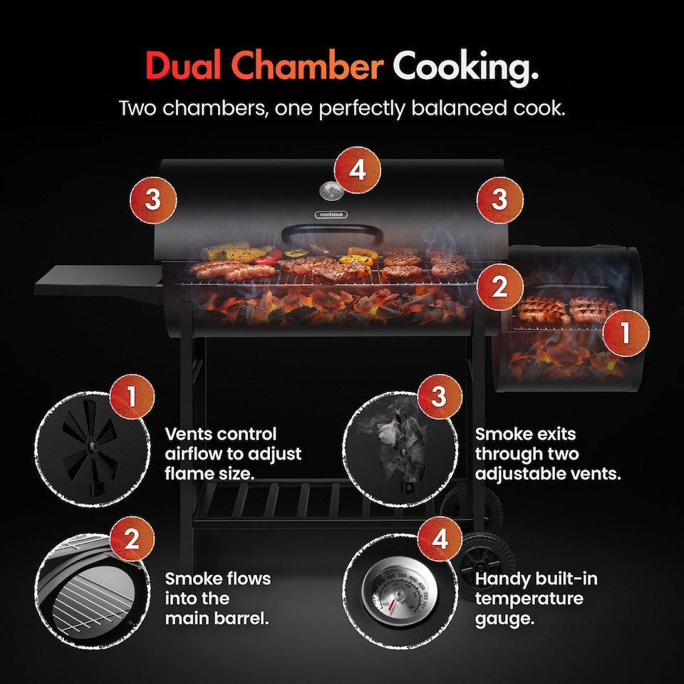 image 1 of VonHaus Charcoal BBQ, Barrel Barbecue with Offset Smoker