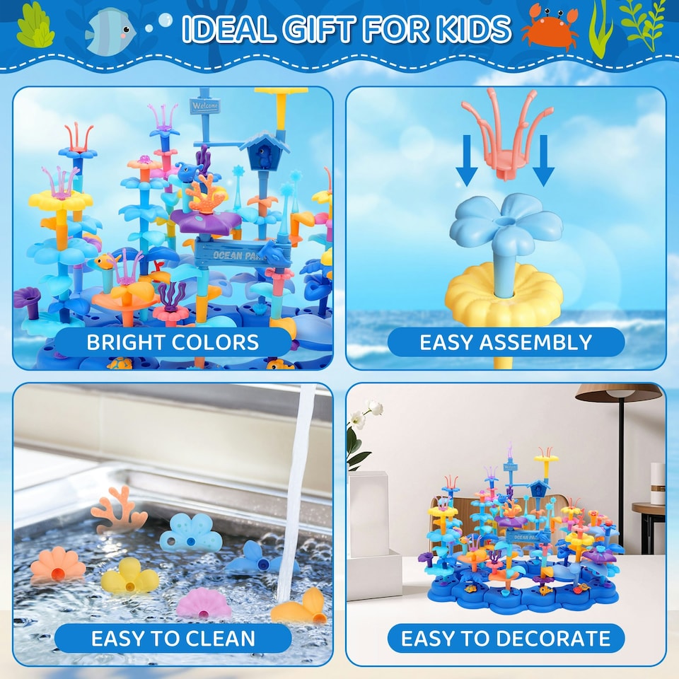 image 1 of 2 in 1 Ocean World and Flower Garden Building Toys 136 PCS STEM Construction Set for Kids