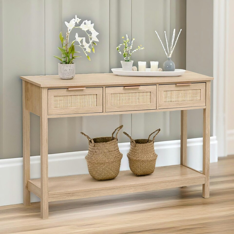 image 1 of Wooden 3 Drawer Rattan Hallway Console Table Brown Brown