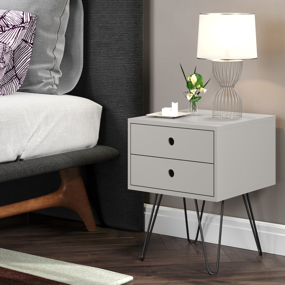 image 1 of Options Telford 2 Drawer Bedside Cabinet - Contemporary Painted Nightstand with Metal Hairpin Legs | Grey | Grey | One Size | 1