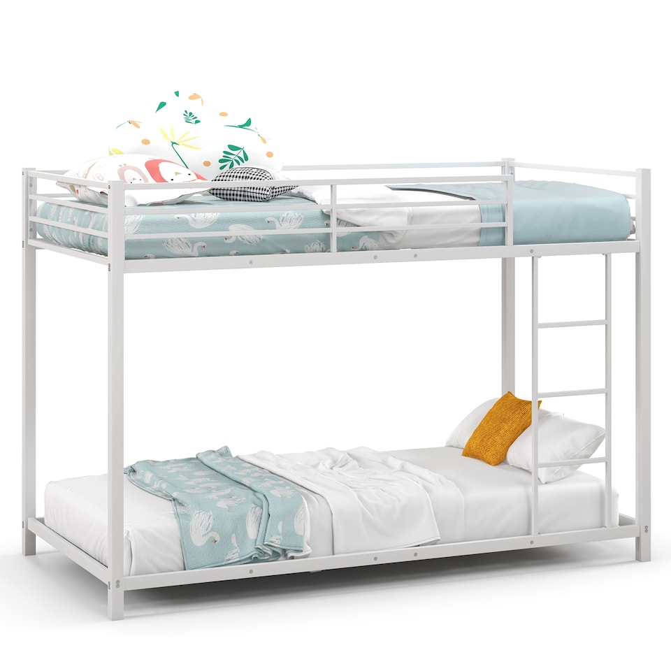image 1 of COSTWAY Metal Bunk Bed Low Profile Single Over Single Bunk Beds Ladder White