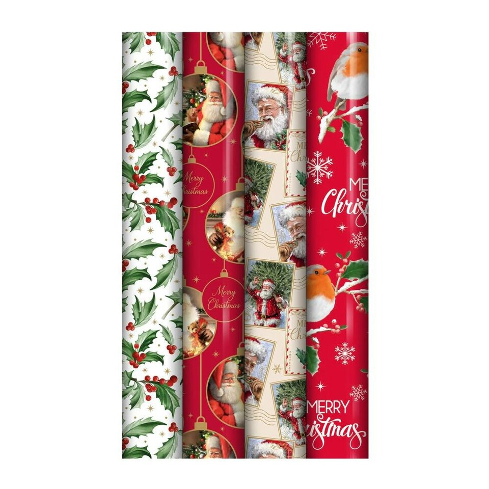Pack of 4 7m Traditional Christmas Design No SHrink Gift Wrap Rolls