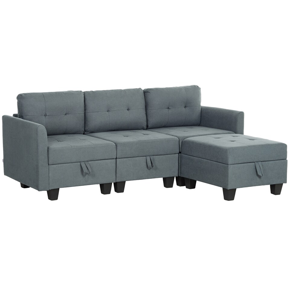 image 1 of HOMCOM Convertible Modular Sectional Sofa with Storage, Tufted 3 Seater Sofa Set, L Shaped Couch with Ottoman, Wood Frame for Living Room, Dark Grey | Grey