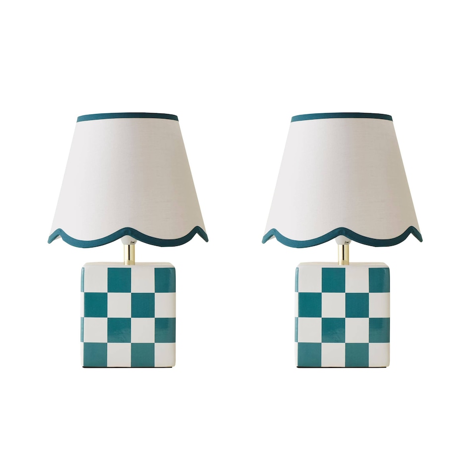 image 1 of ValueLights Evie Pair Ceramic Checker Table Lamp Trim Linen Scallop Shade & Bulb | Blue