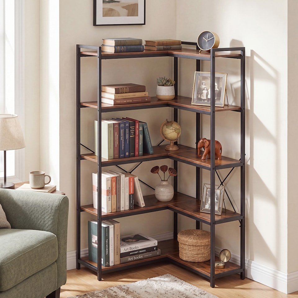 image 1 of Levede Corner Bookcase 5-Tier L-Shaped Bookshelf Space-Saving Spice Walnut Black Metal