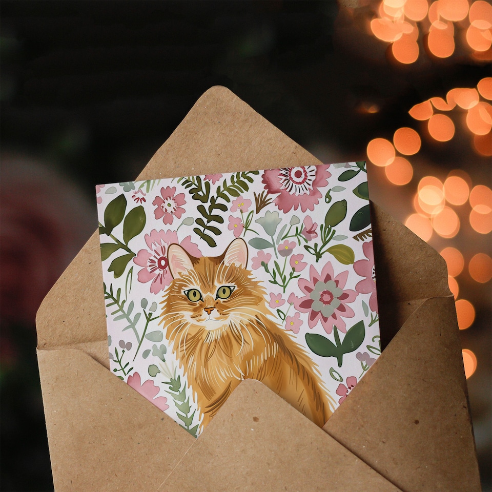 image 1 of Greeting Card Somali Cat Lover Pink Flower Rustic Pattern Birthday