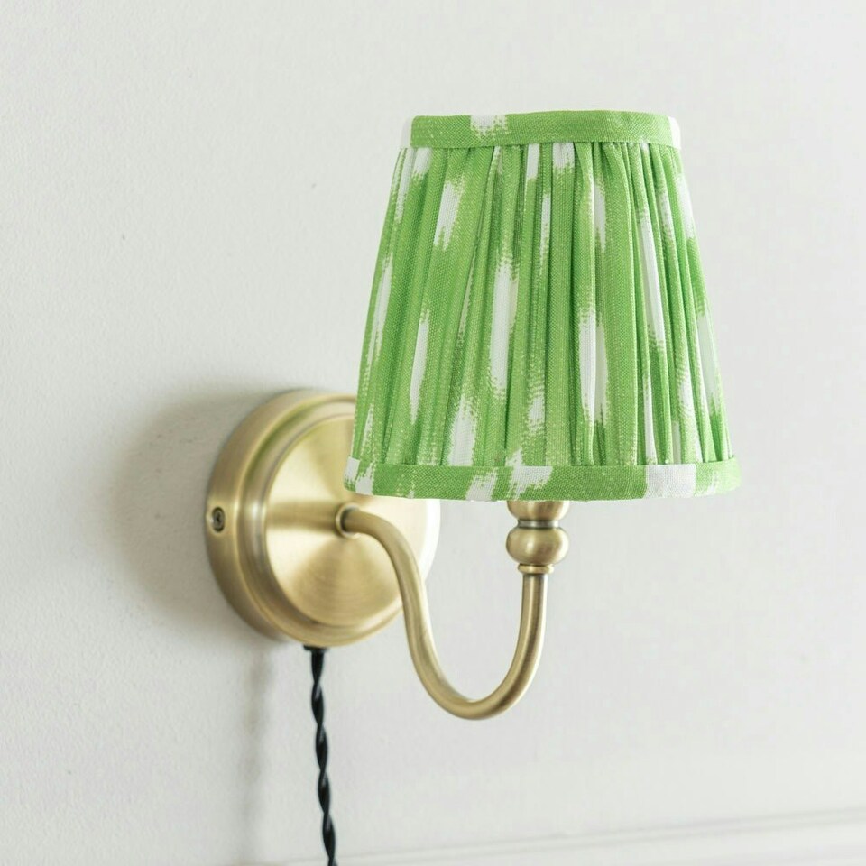 image 1 of ValueLights Neely Plug in Antique Brass Easy Fit Wall Light with Green Pleated Fabric Tapered Lampshade - Bulb Included