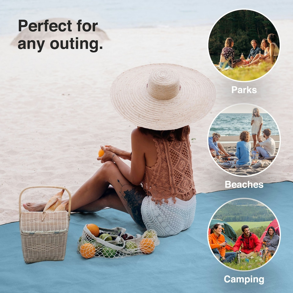 image 1 of VonShef Picnic Blanket, Large Blue Herringbone Rug with Waterproof Back, 220x200cm | Blue