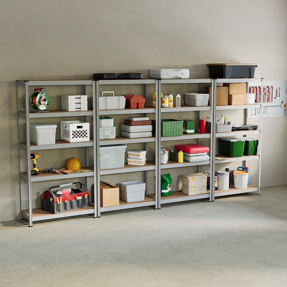 image 1 of Home Vida 5 Tier Heavy Duty Adjustable Steel Garage Shelving, Galvanised - Holds 875kg - (Set of 4) | Silver | Silver | Medium