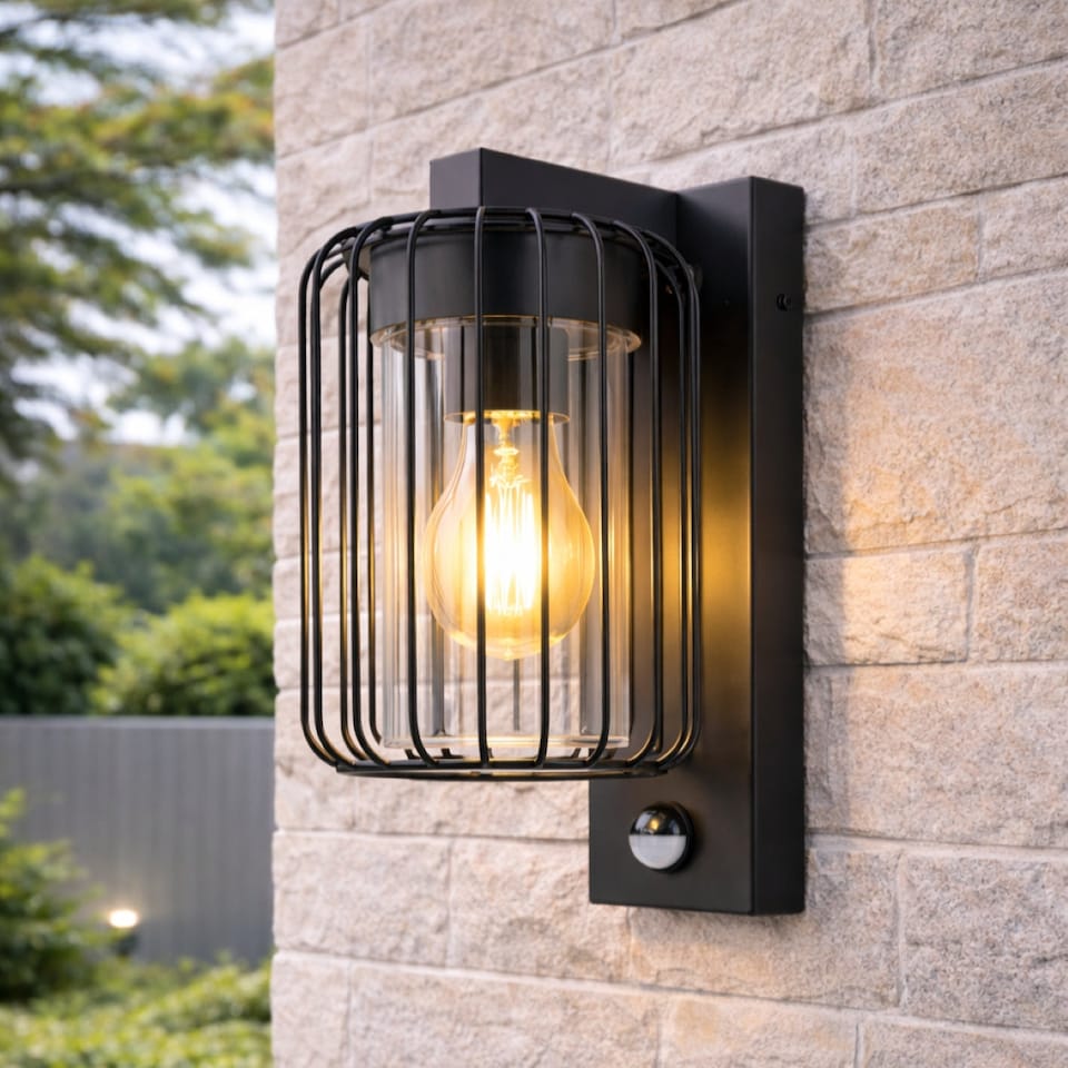 image 1 of CGC Alvin PIR Motion Sensor Black Outdoor Stainless Steel Cage Wall Lantern Light IP54