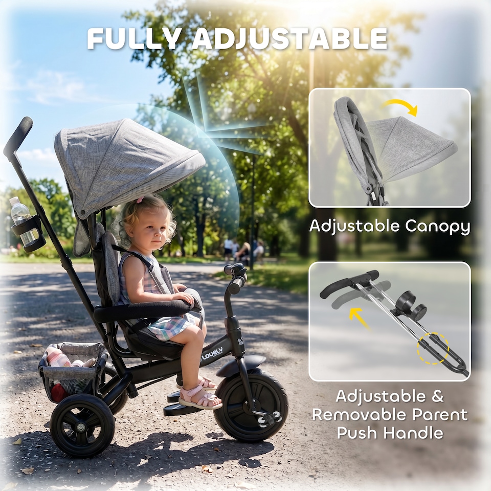 image 1 of HOMCOM 6 in 1 Kids Trike, Storage, Brake, Stroller with Parent Handle, Grey