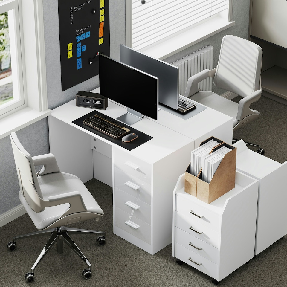 image 1 of HOMCOM Computer Writing Desk with 4 Drawers, High Gloss Home Office Workstation