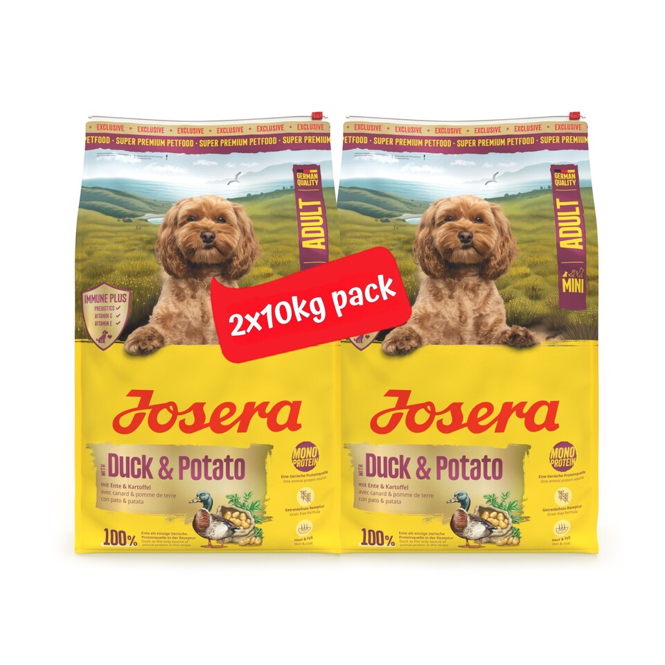 image 1 of Josera Mini Adult Duck & Potato | Grain free | Single meat protein | Complete dry food for toy & small breed dogs | Immune Plus | Skin & Coat | 2x10kg pack