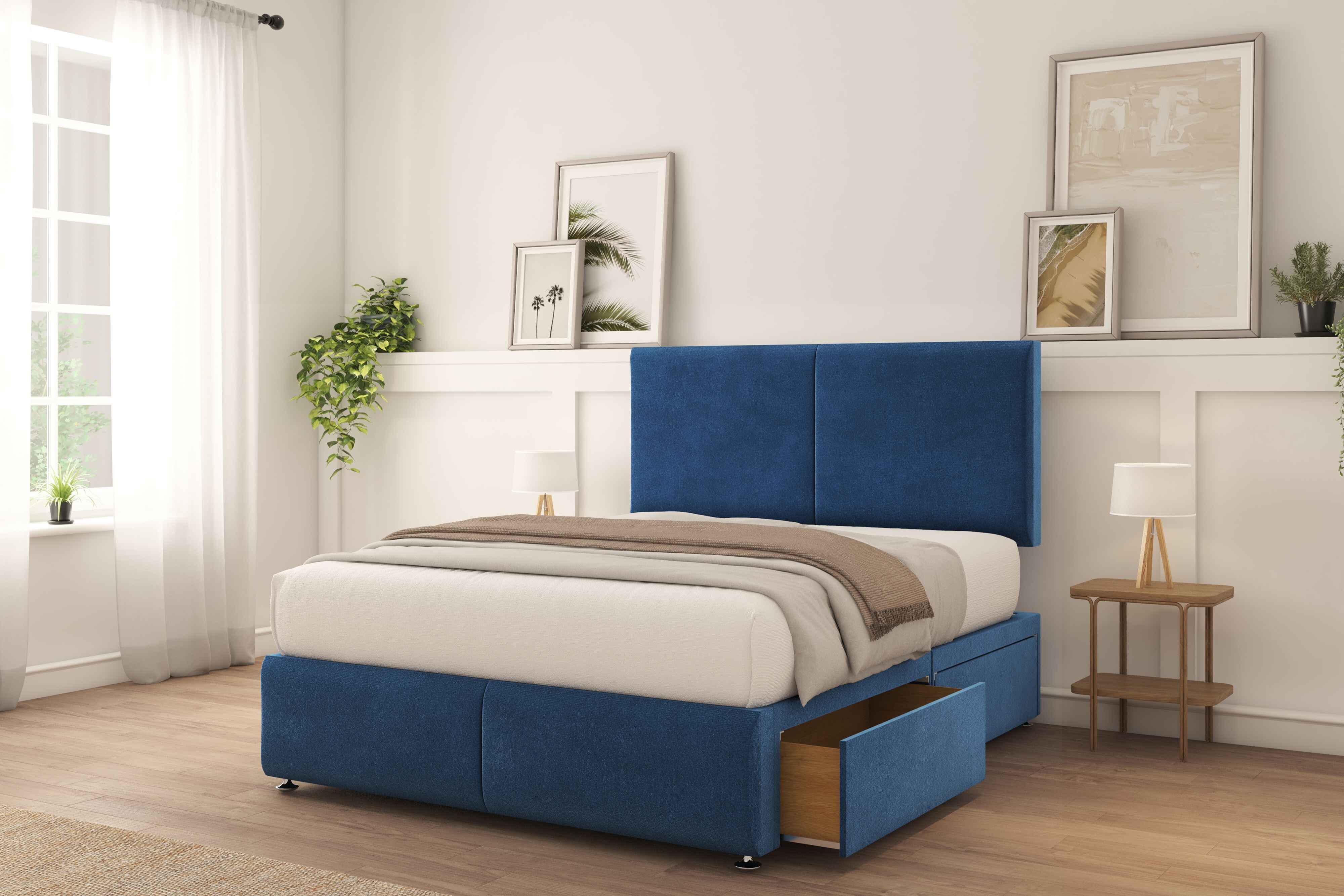 Sloomy Vienna Navy Plush Divan Bed With Mattress 2 Drawers Foot-End 26" Strutted Headboard & 12" Footboard 6' Super King