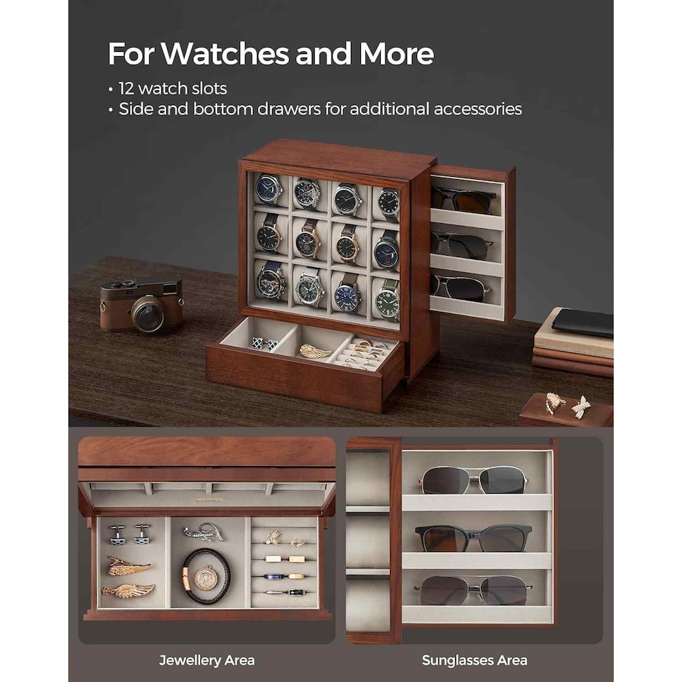 image 1 of Wooden Watch Box with 12 Slots, Glass Display Lid, Vertical Watch Storage Case, Coffee Brown