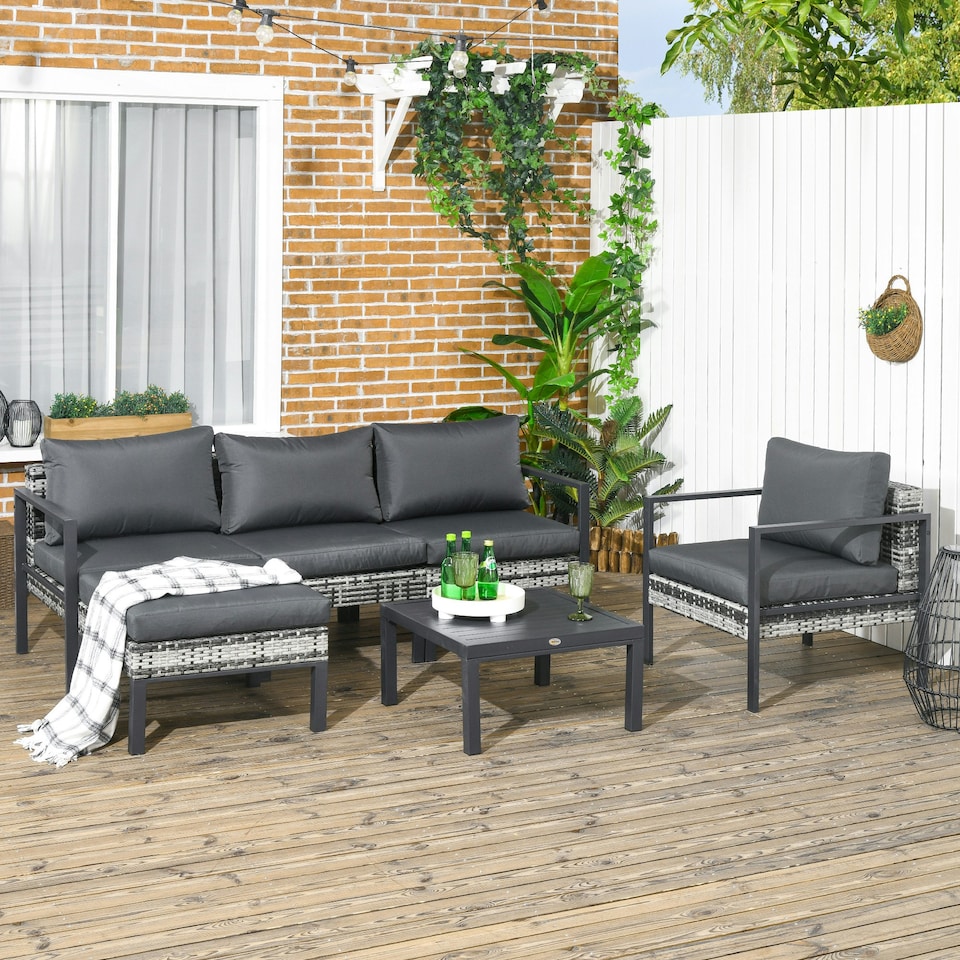 image 1 of Outsunny 6 PCs Rattan Garden Furniture Set with Table Cushion