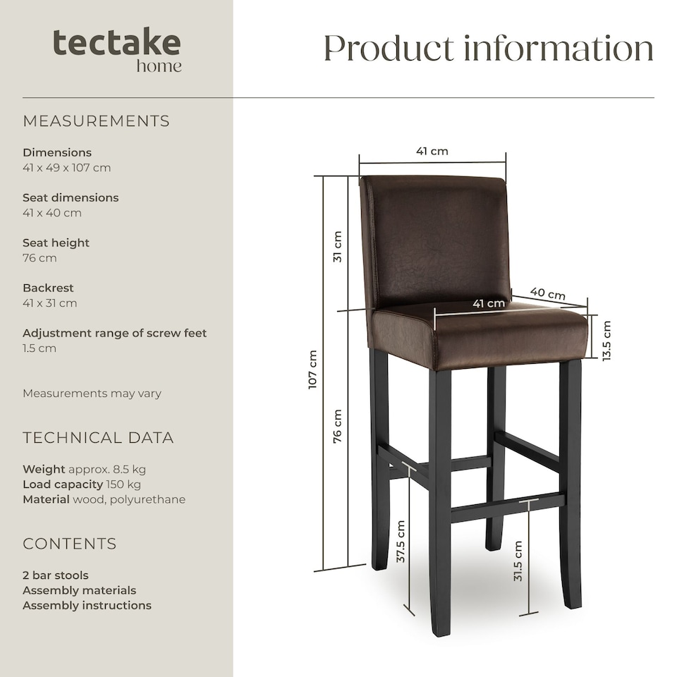 image 1 of Bar Stools with a padded backrest and faux leather cover | Brown | brown | 41 x 40 x 107 cm | 2