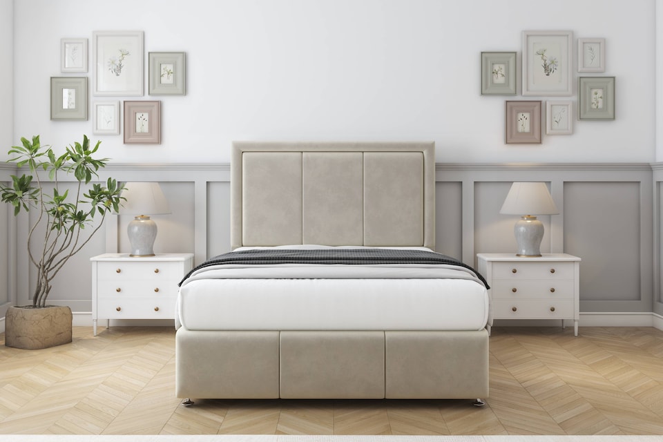 image 1 of Sloomy Lancaster Cream Plush Divan Bed Base No Drawers With 54 Inch Floor Standing Headboard & 12 Inch Matching Footboard | Cream | Cream | Small Single | 1