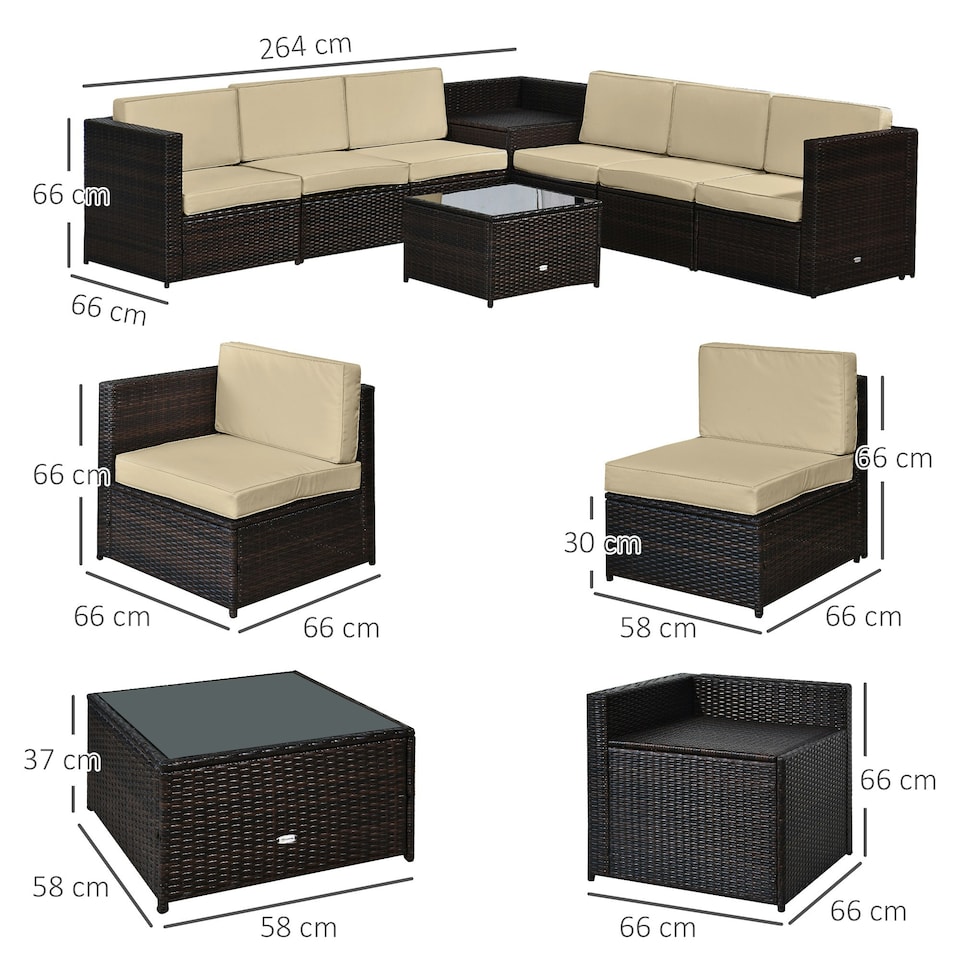 image 1 of Outsunny 8Pcs Patio Rattan Sofa Set Garden Furniture Side Table w/ Cushion