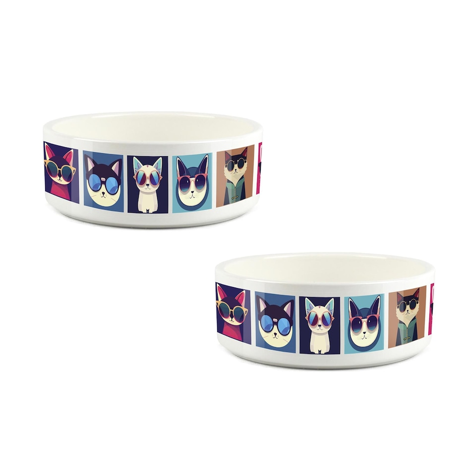 image 1 of Cool Cats Small Ceramic Bowl Set - Food/Water Dishes For Cats