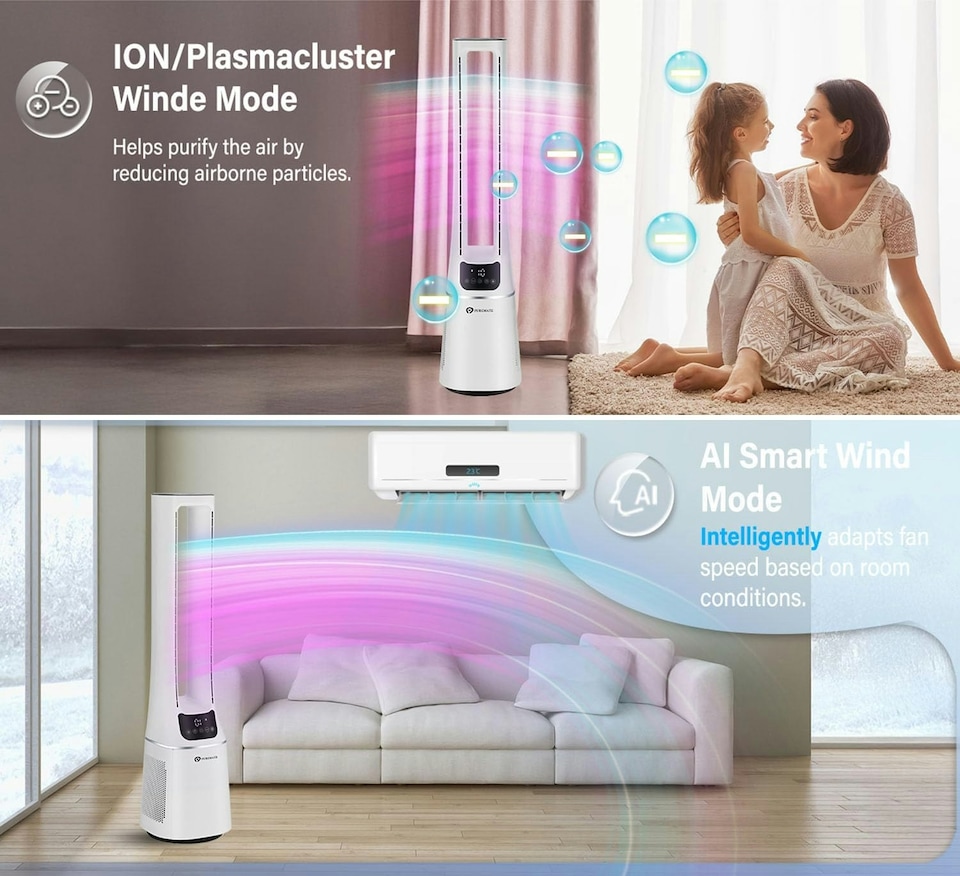 image 1 of PureMate 42-Inch Bladeless Tower Fan with Air Purifier - White