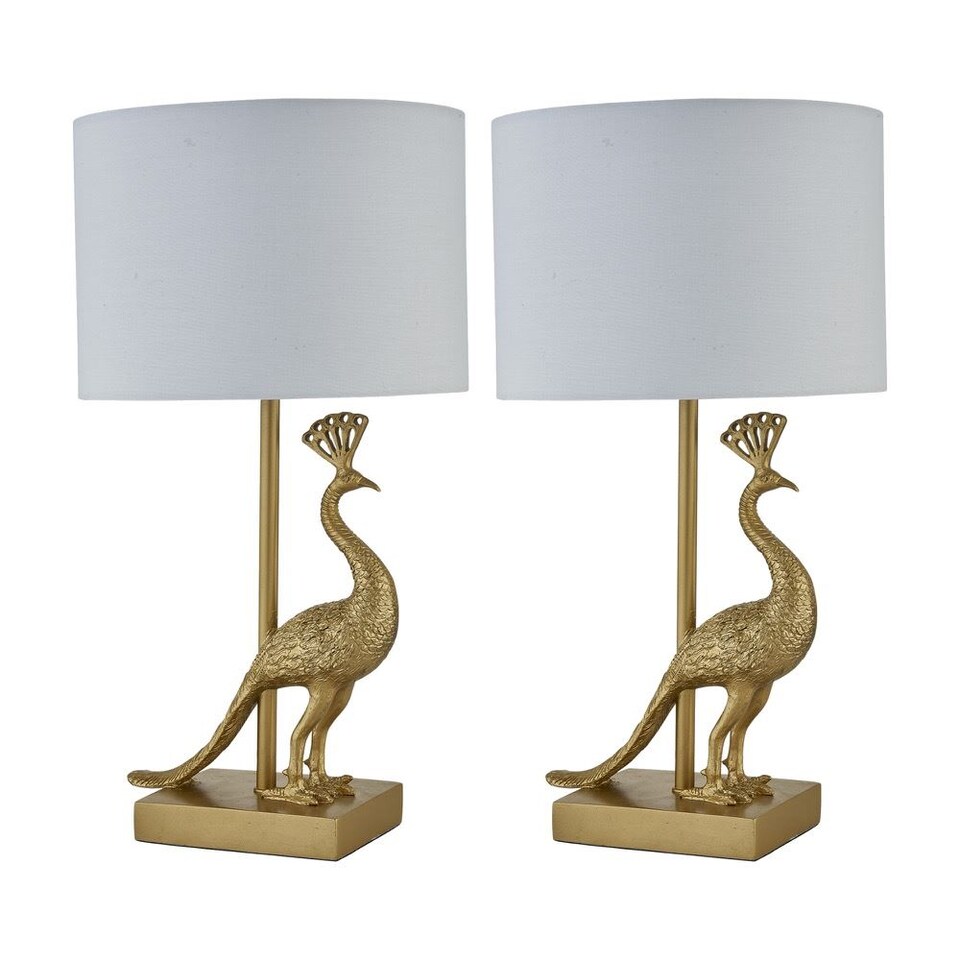 image 1 of Set of 2 Majestic - Gold Peacock Table Lamps with White Shades
