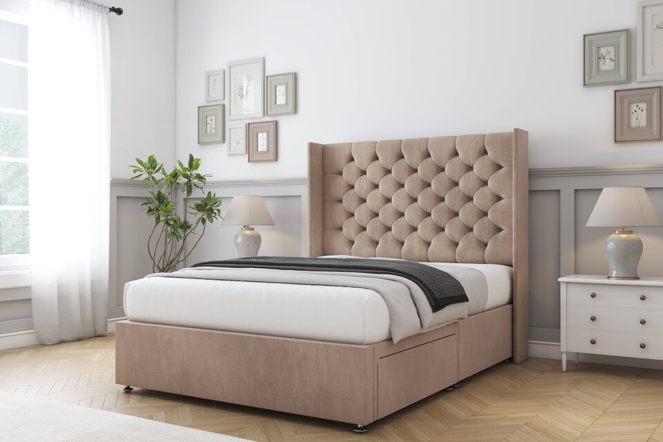 image 1 of Sloomy Dior Mink Naples Divan Bed With Mattress No Drawers With 54" Wingback Headboard 6' Super King | Brown | Mink | Super King | 1