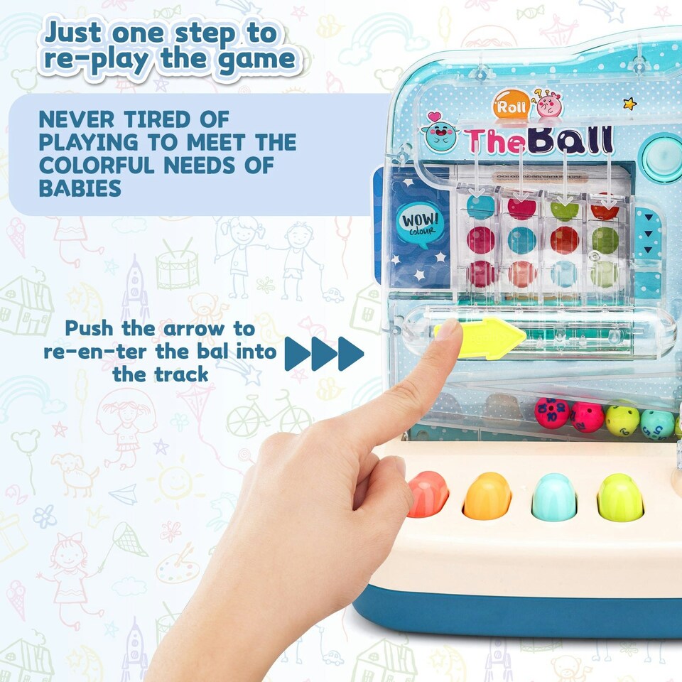 image 1 of Music & Light Educational Ball Roll Toy - Interactive Train Playset with 6 Colourful Balls, Lights, Music, Number & Colour Learning, Coordination-Building Toddler Toy (Blue)
