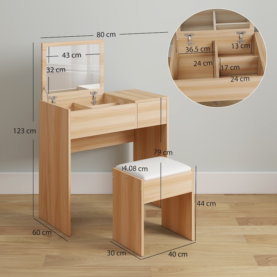 image 1 of HOMCOM Dressing Table with Flip-Up Mirror and Cushioned Stool, Makeup Vanity Desk with Hidden Compartments and Storage Drawer, Convertible Writing Table for Bedroom, Natural