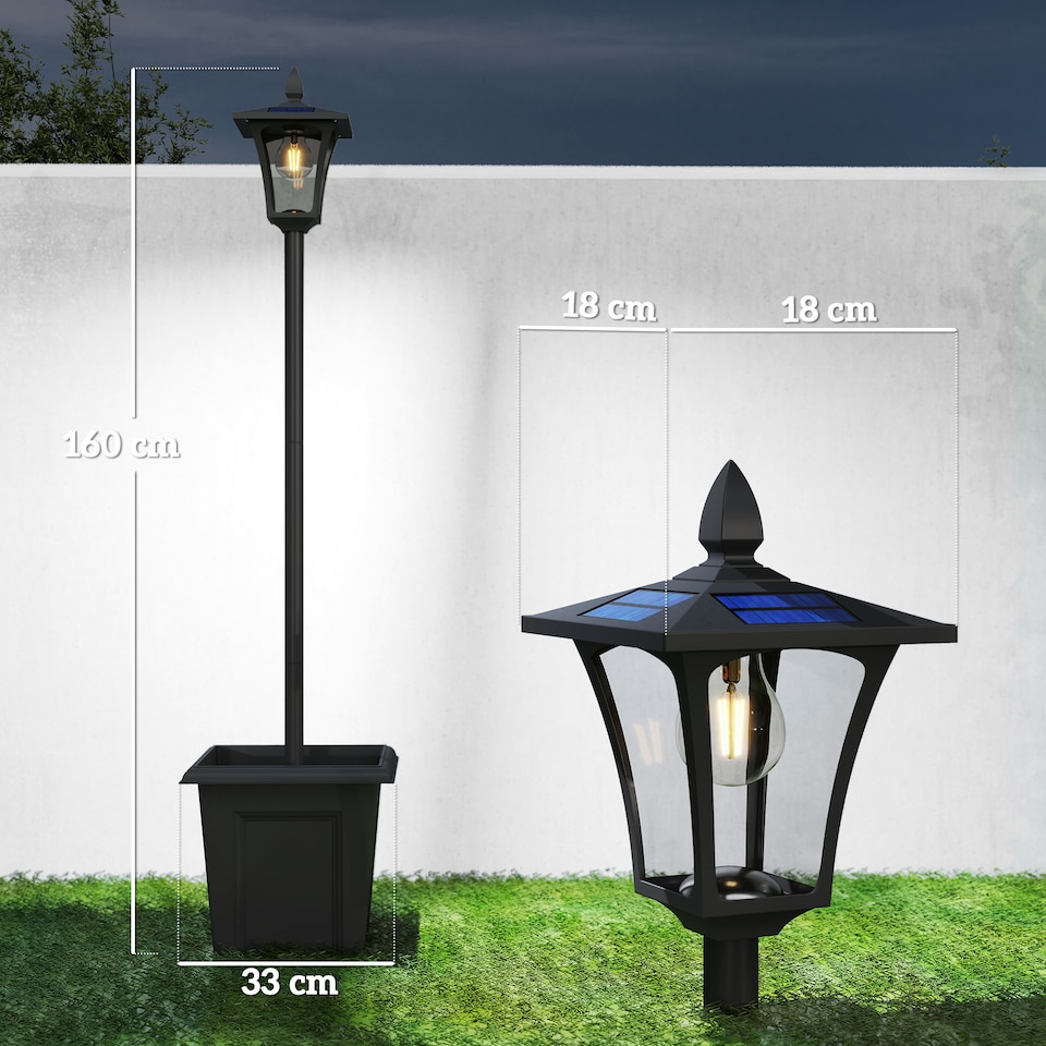 image 1 of Outsunny 160cm Garden Solar Lamp Post Light, LED Solar Light Post, Black | Black | Black | 33L x 33W x 160H cm