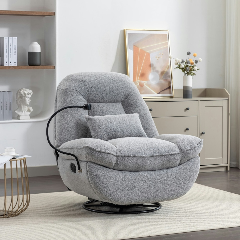 image 1 of Fallon Boucle Fabric Swivel Based Recliner Chair - Light Grey