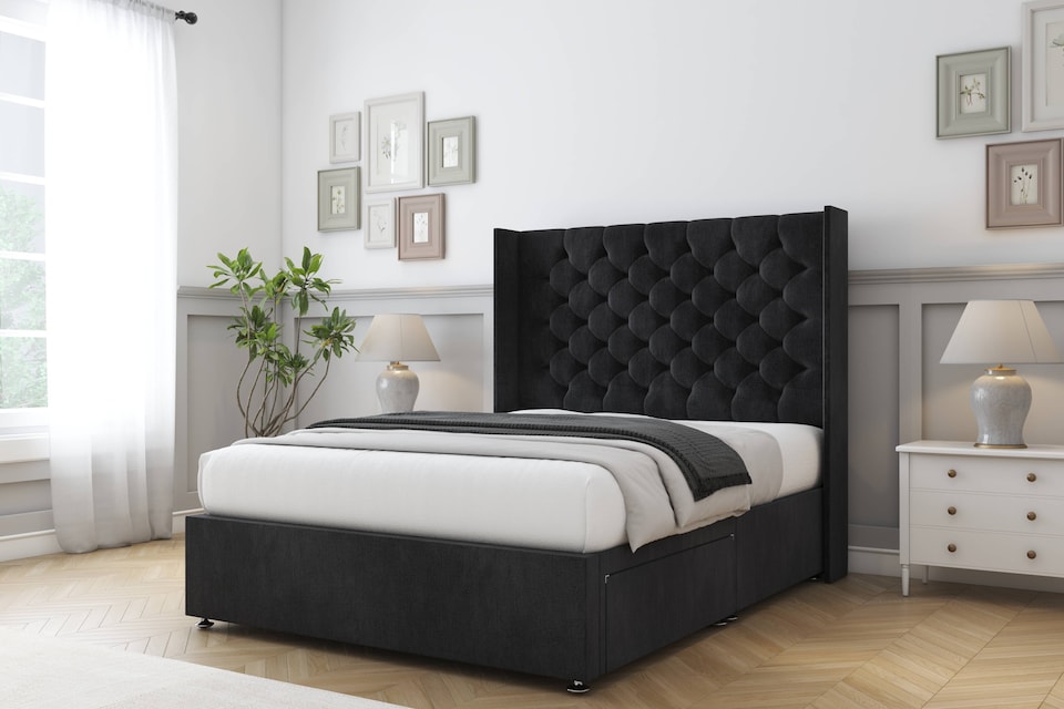 image 1 of Sloomy Dior Black Naples Divan Bed Base No Drawers With 54 Inch Wingback Headboard | Black | Black | Small Double | 1